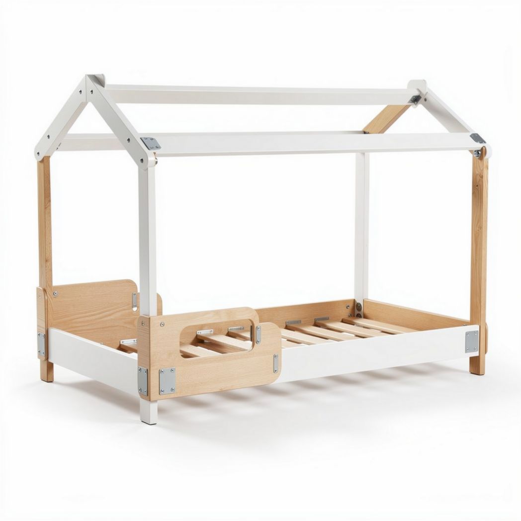 Wooden House Bed Frame for Children – Promotes Sleep and Play – Made of Plywood and Solid Wood – 120 x 75 x 100cm