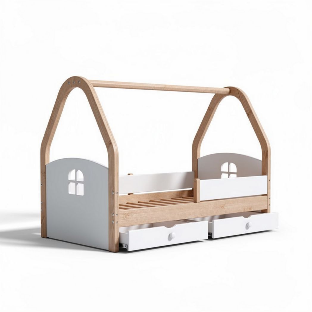 Wooden House-Shaped Toddler Bed with Storage Drawers – 200 x 100 x 80cm