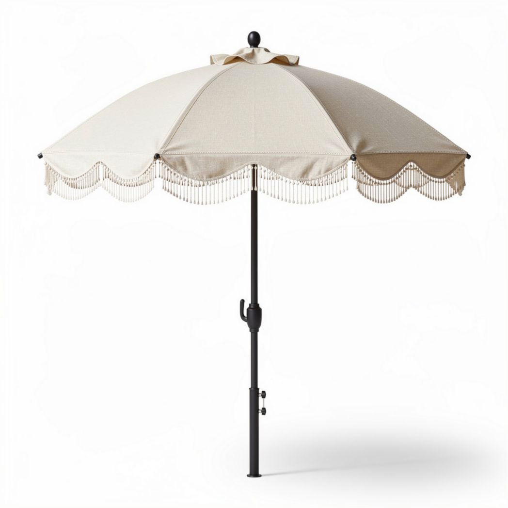 Patio Umbrella with Decorative Fringe – Outdoor Use – Fabric Canopy and Metal Frame – 240 x 240 x 250cm
